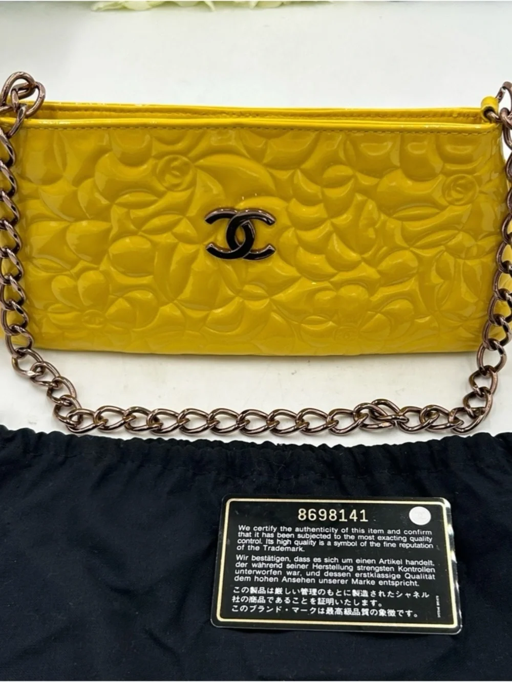 Chanel patent leather floral embossed shoulder bag made in Italy